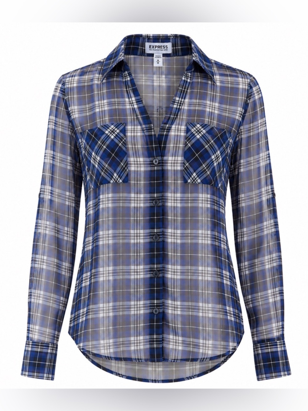 Sheer, Plaid Portofino Button-Down Blouse - size Medium